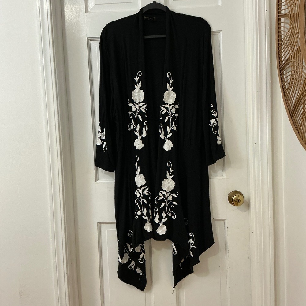 Midnight Velvet Floral Embroidered Duster Cardigan L Black Boho Festival